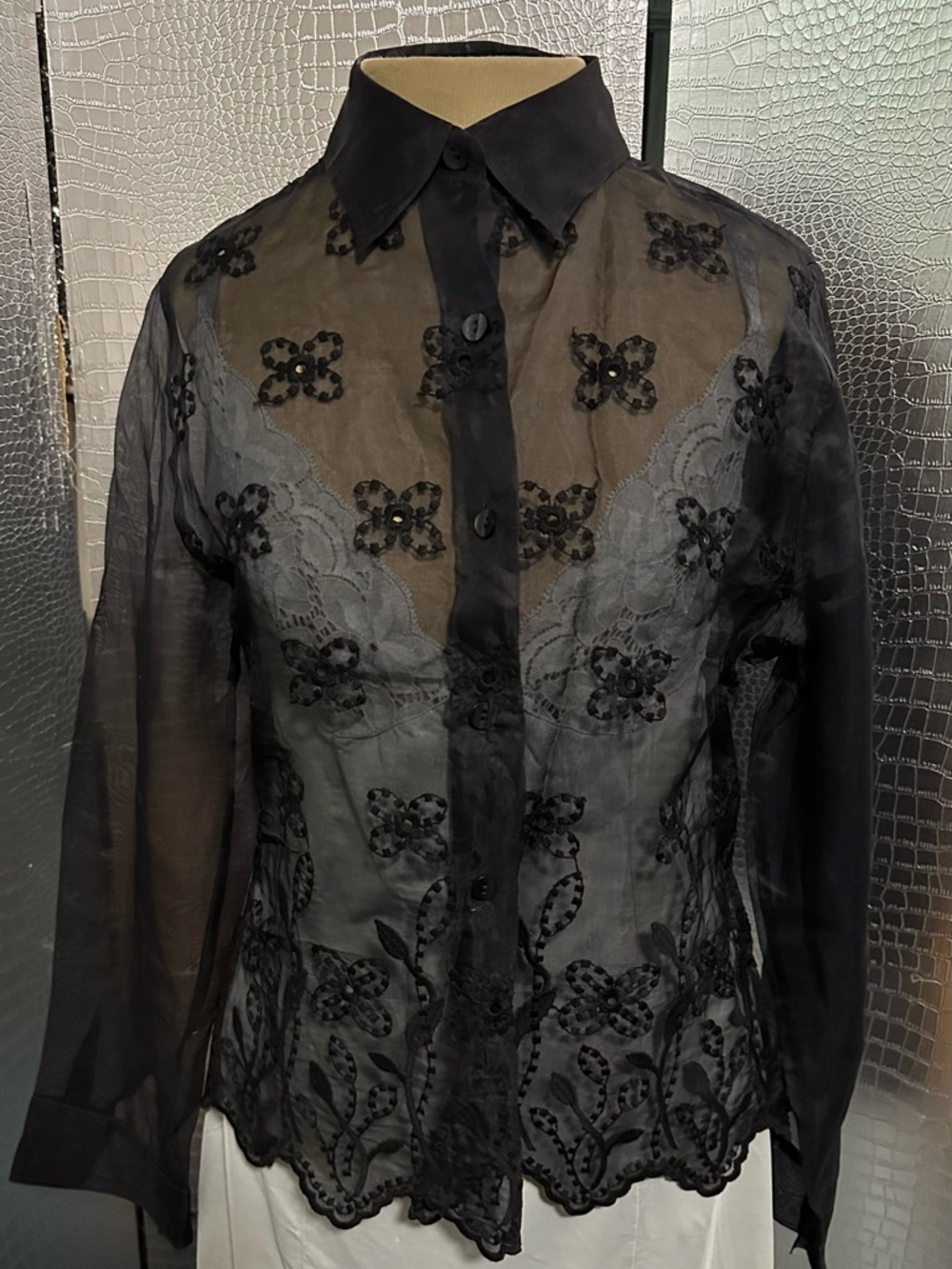 Naracamicie Black Sheer Embroidered Button-Down Blouse